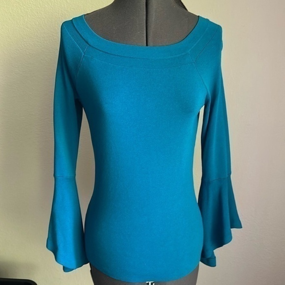 INC top fitted sweater flared sleeves size small blue teal